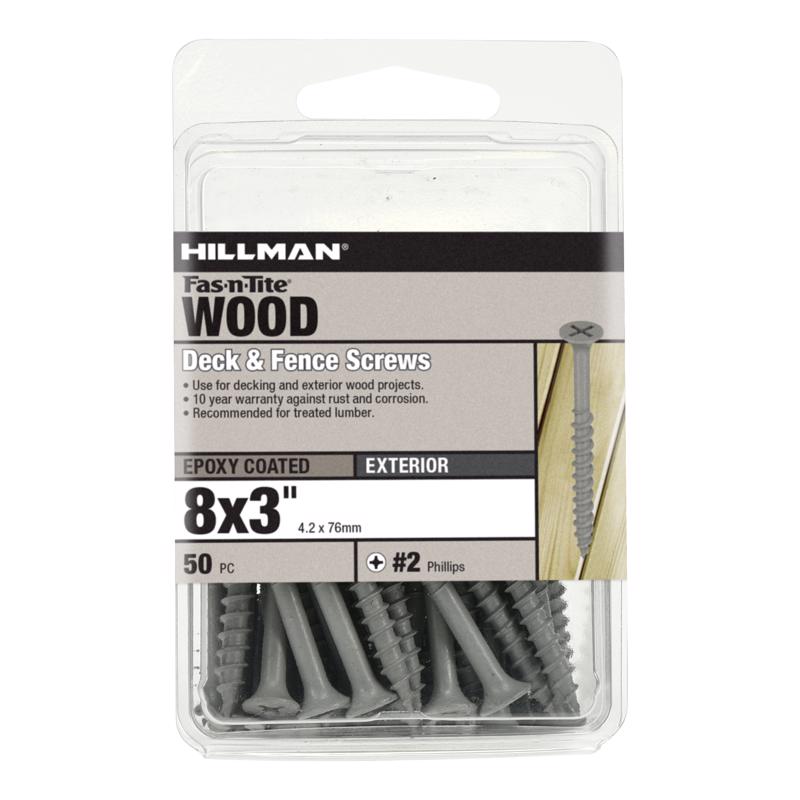 Emery Jensen deck screw #8x3 inches in a carded packaging, showing the screw with a flat head and threading for woodworking projects.