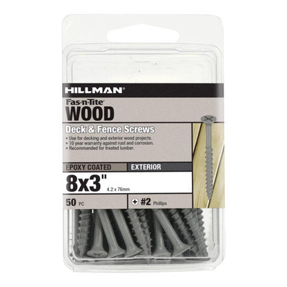 Emery Jensen deck screw #8x3 inches in a carded packaging, showing the screw with a flat head and threading for woodworking projects.