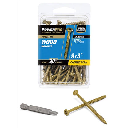 Emery Jensen deck screw 9x3 inches flat head in a 50-pack, displayed on a card for woodworking and construction projects.