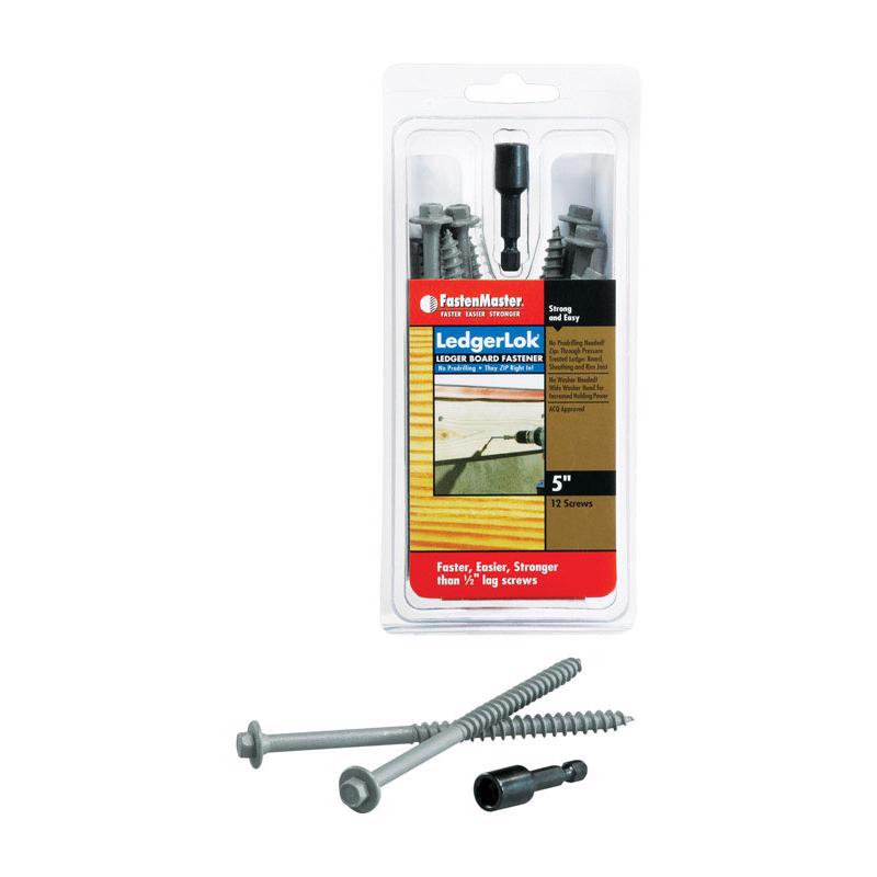 Emery Jensen Ledgerlok screw 5-inch, 12-pack, carded for wood and drywall fastening, with visible screws in packaging.