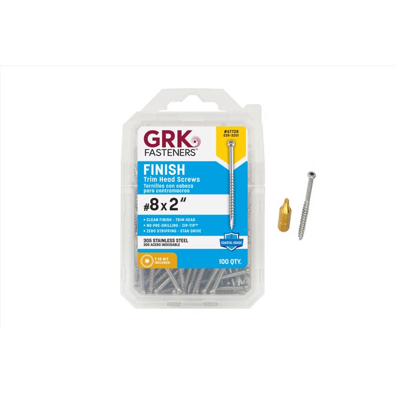 Pack of 100 Emery Jensen #8x2" trim screws on card for woodworking and home improvement projects.