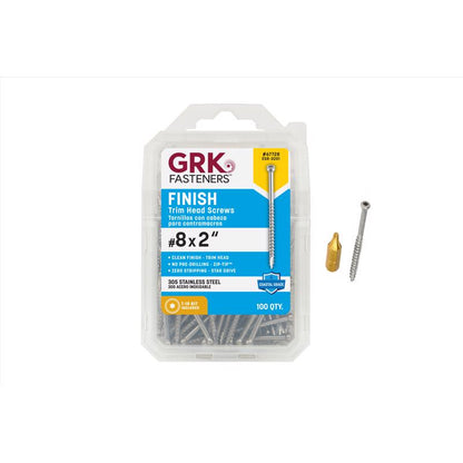 Pack of 100 Emery Jensen #8x2" trim screws on card for woodworking and home improvement projects.