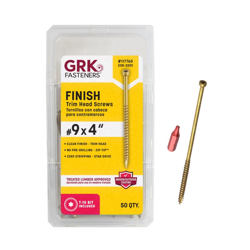 Emery Jensen carded package of 50 #9x4 inch trim screws with Phillips drive for woodworking and construction projects.