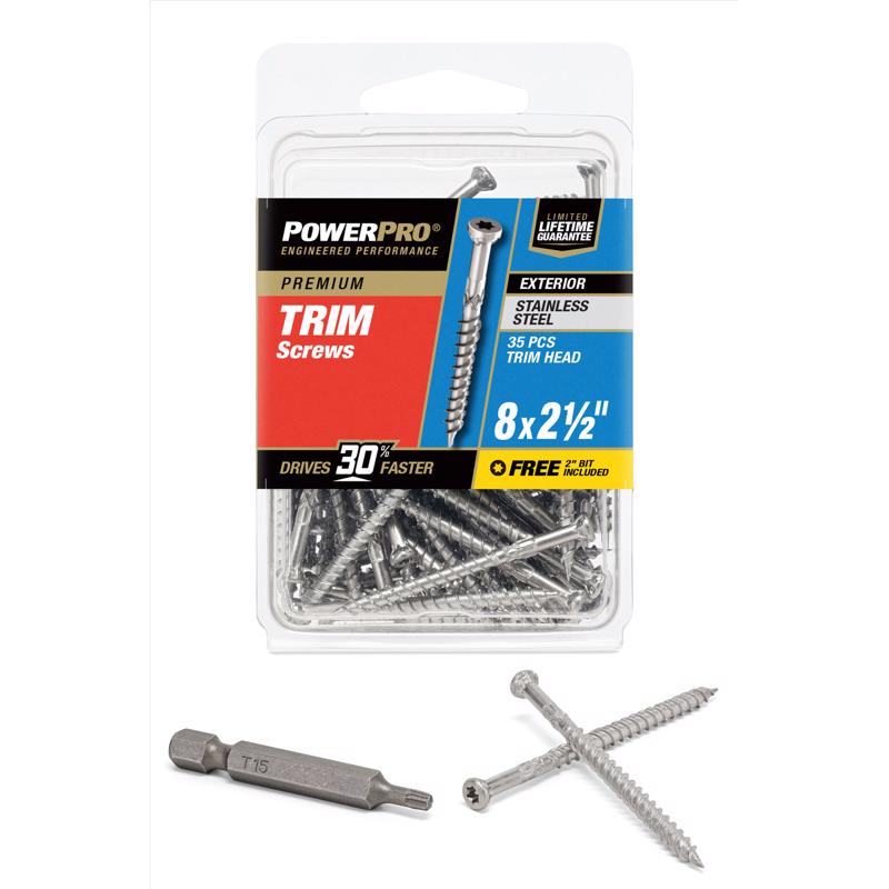 Emery Jensen 8x2.5-inch stainless steel trim screws in a carded packaging, 35-pack for automotive or construction use
