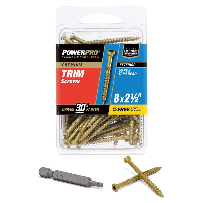 Emery Jensen TRM screw 8x2.5 inches, carded packaging, 50-pack of Phillips head screws for construction and woodworking projects.