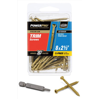 Emery Jensen TRM screw 8x2.5 inches, carded packaging, 50-pack of Phillips head screws for construction and woodworking projects.