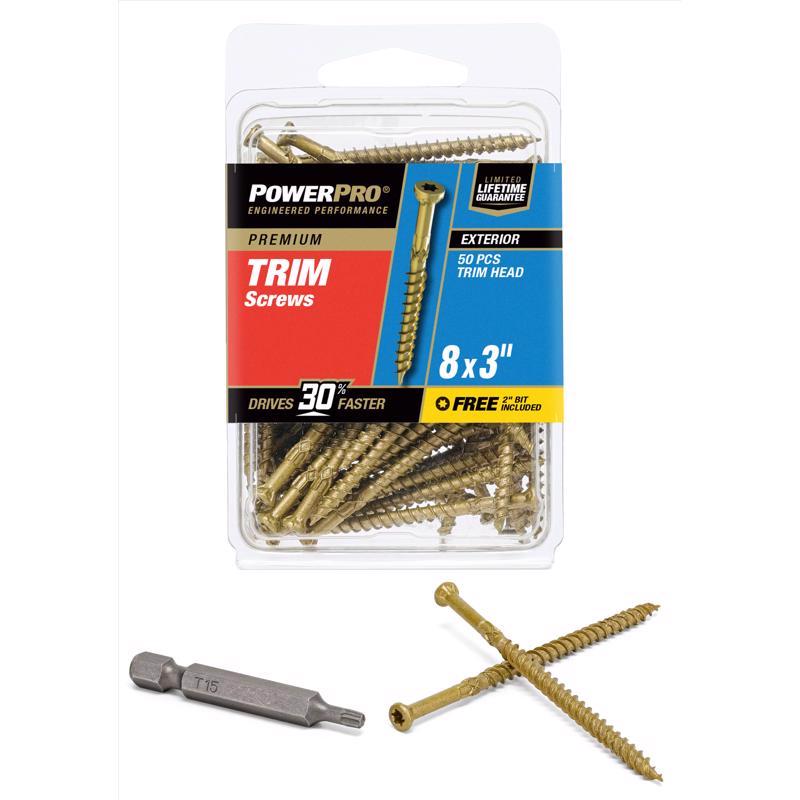 Emery Jensen TRM screw 8x3-inch in a carded package, 50-piece set, suitable for woodworking or construction projects.