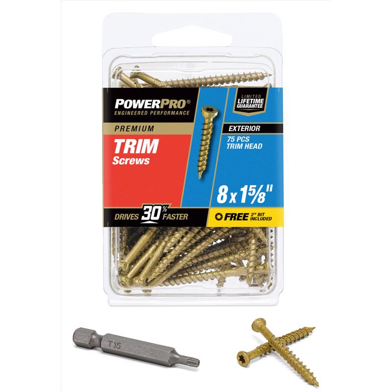 Emery Jensen TRMSCRW 8x1.625-inch Phillips flat head screws in a 75-pack, carded packaging, suitable for woodworking and construction.