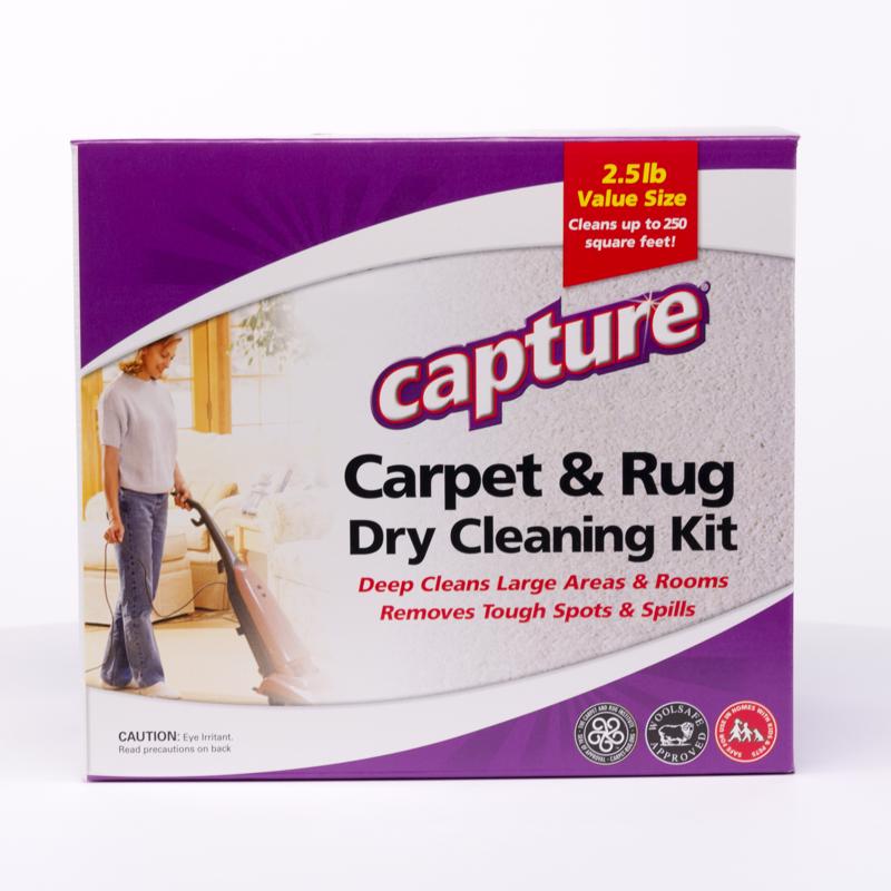 Emery Jensen CLEANR Rug Kit Dry 2.5# carpet cleaner, shown with cleaning tools and dry powder for deep carpet cleaning.