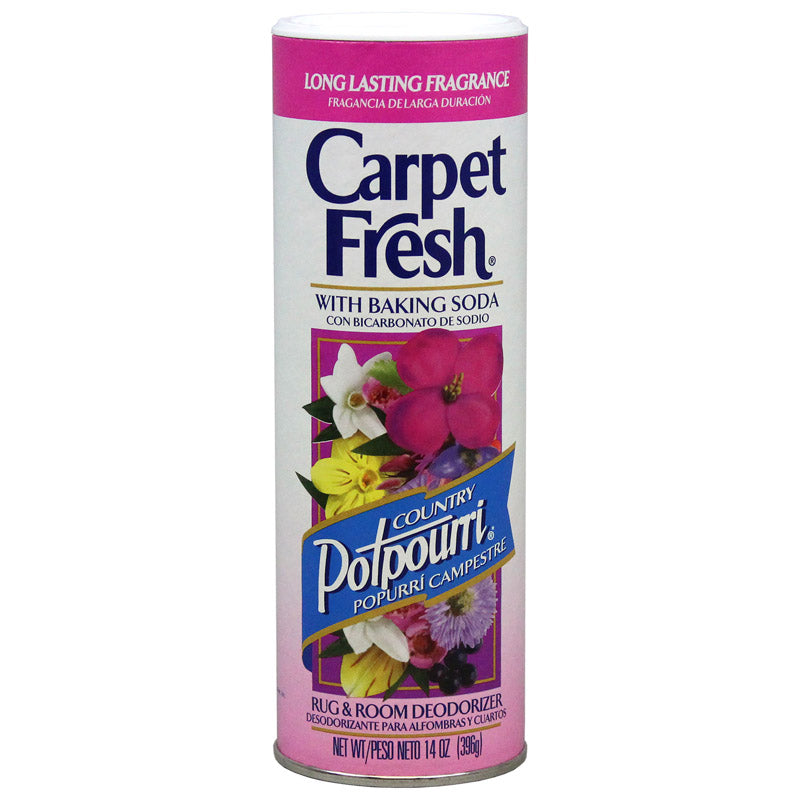 Emery Jensen Carpet Fresh Potpri 14oz carpet deodorizer in a container, designed to eliminate odors and freshen carpets.