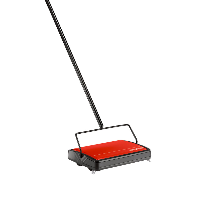 Emery Jensen carpet sweeper with a lightweight, manual design, featuring a sturdy handle and compact body for easy carpet cleaning.