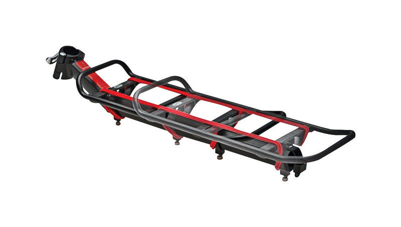 Rear bike rack Caddy 310 by Emery Jensen attached to a bike, designed for carrying cargo or child seats on the back.