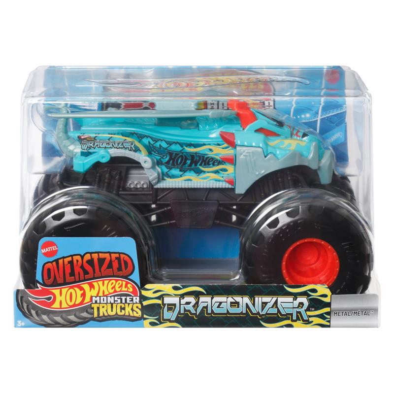 Set of four Emery Jensen monster trucks for kids aged 3+ featuring colorful cars and trucks in a playful design.