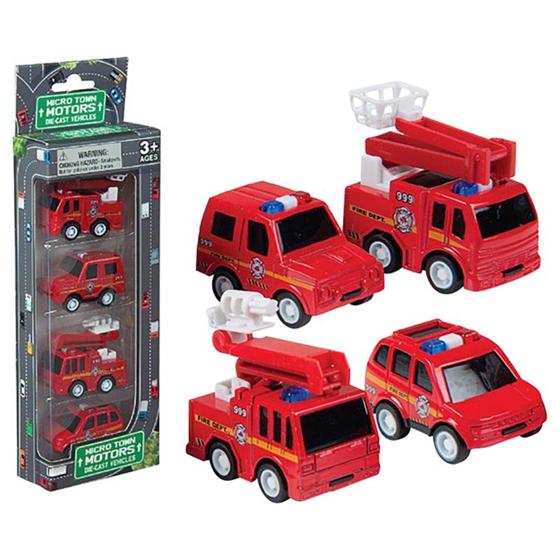 Set of 12 Emery Jensen die-cast cars, trucks, planes, and trains featuring fire truck designs, ideal for collectibles and play.