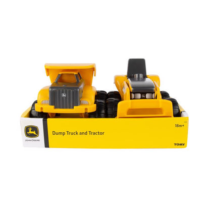 Emery Jensen JD dump truck and tractor toy set featuring a yellow dump truck and a matching tractor for kids.