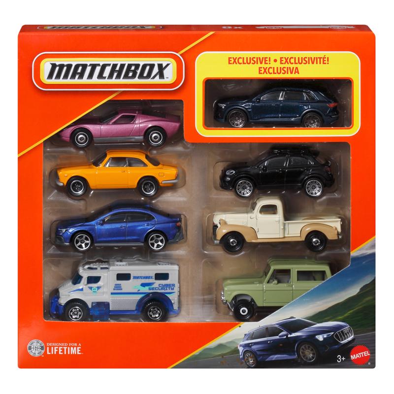 Set of six Emery Jensen toy cars, trucks, planes, and trains in a matchbox-style packaging, ideal for kids' play.