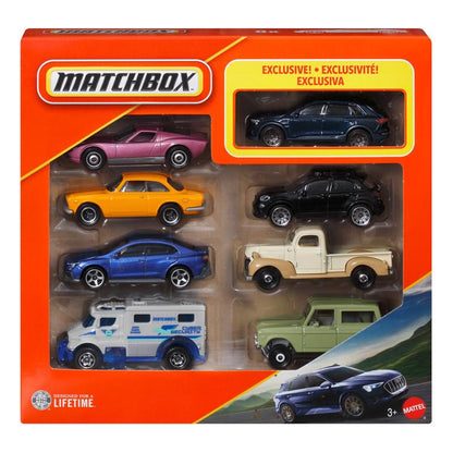 Set of six Emery Jensen toy cars, trucks, planes, and trains in a matchbox-style packaging, ideal for kids' play.