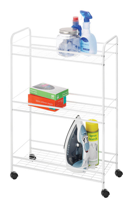 White 3-tier household cart from Emery Jensen with sturdy metal frame and multiple storage shelves.