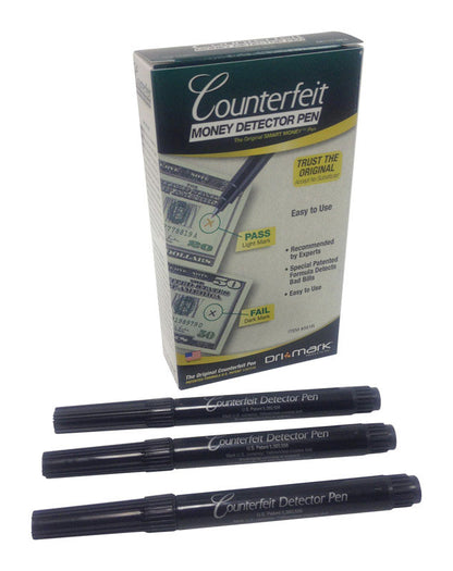 Pack of 12 counterfeit pens by Emery Jensen, cash register supplies for authenticating currency, shown in a clear image.