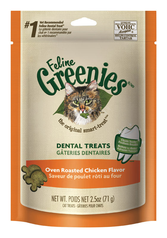 Greenie Cat chicken treat by Emery Jensen in a 2.5oz package, featuring natural chicken flavor for cats.