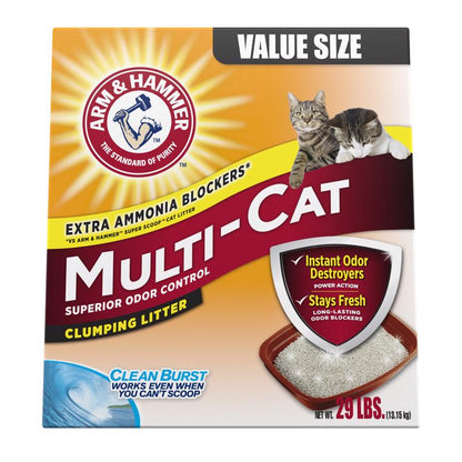 Emery Jensen multi-cat litter in a 29lb bag, showing a close-up of the cat litter with textured granules for odor control.