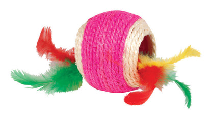 Emery Jensen cat jute ball with feather toy, designed for cats to play and scratch, featuring natural jute material and colorful feathers.