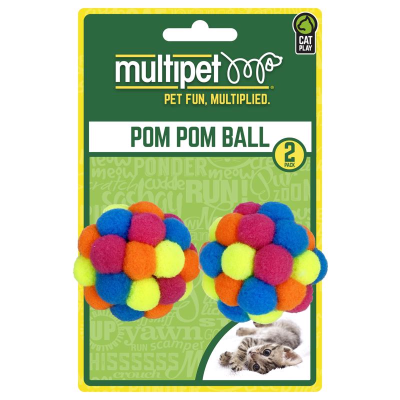Emery Jensen cat toy set with two colorful pom-pom balls for cats to play and chase.