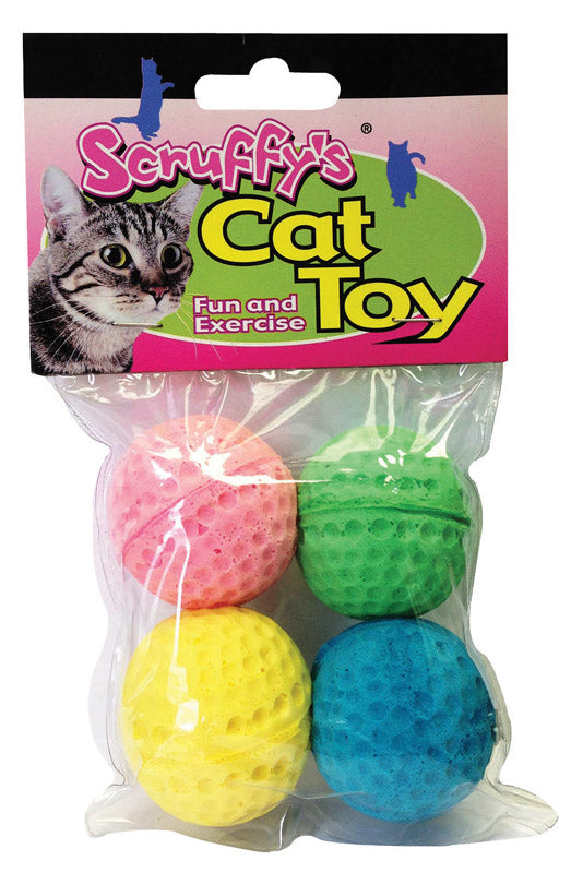 Emery Jensen cat toy sponge balls 4-pack, colorful and lightweight toys for cats to chase and play with.