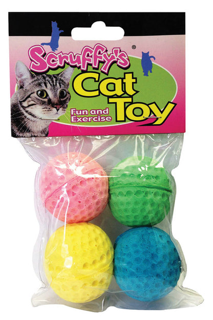 Emery Jensen cat toy sponge balls 4-pack, colorful and lightweight toys for cats to chase and play with.