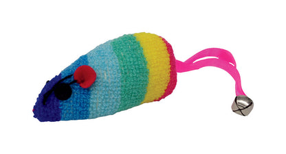 Colorful rainbow mouse toy for cats by Emery Jensen, made of soft material, designed for scratching and play.