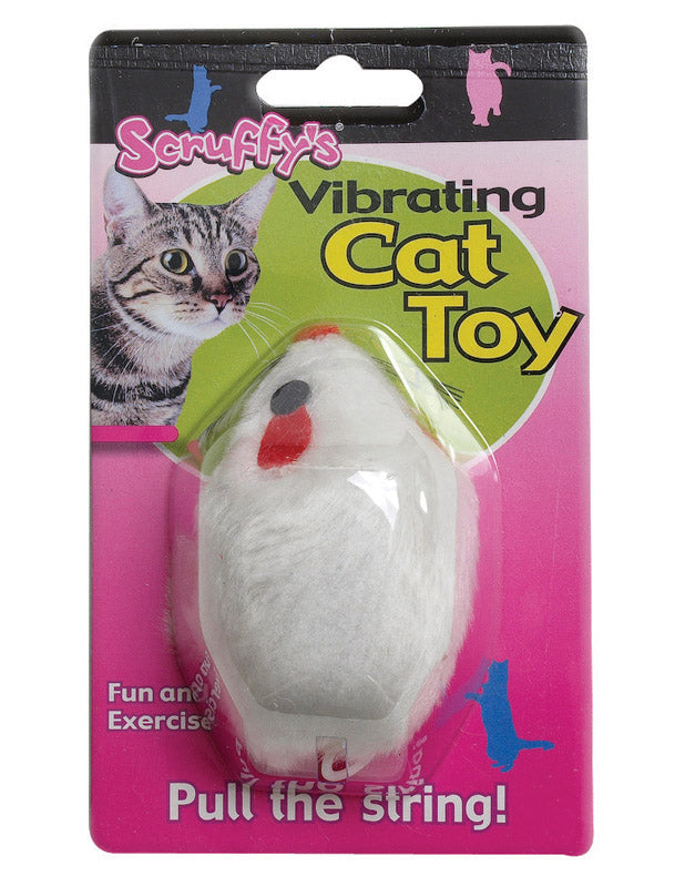 Emery Jensen vibrating mouse cat toy on scratching post, designed to entertain cats with moving, interactive play.