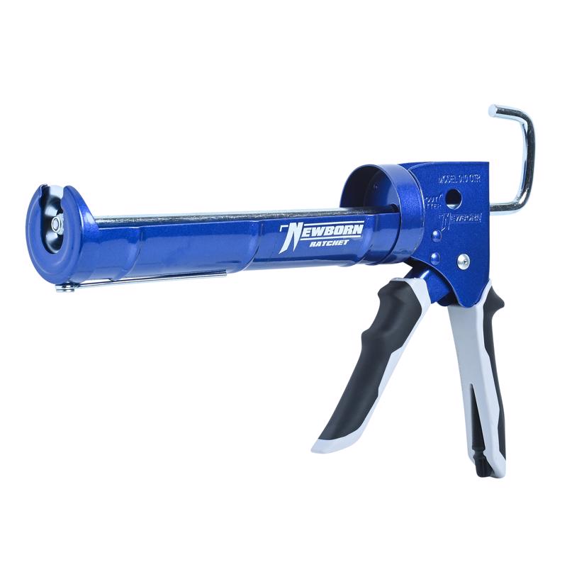 Emery Jensen ratchet caulk gun with black handle and metal frame, designed for precise caulking application.