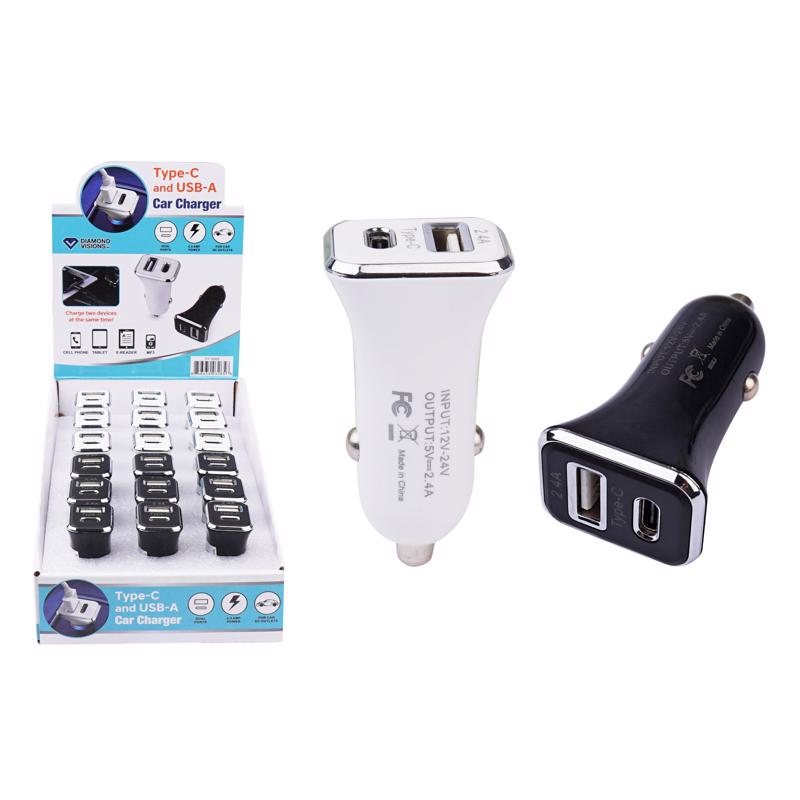 White Emery Jensen 2-port USB car charger for cellphones, shown in a pack of 18, designed for convenient in-car charging.