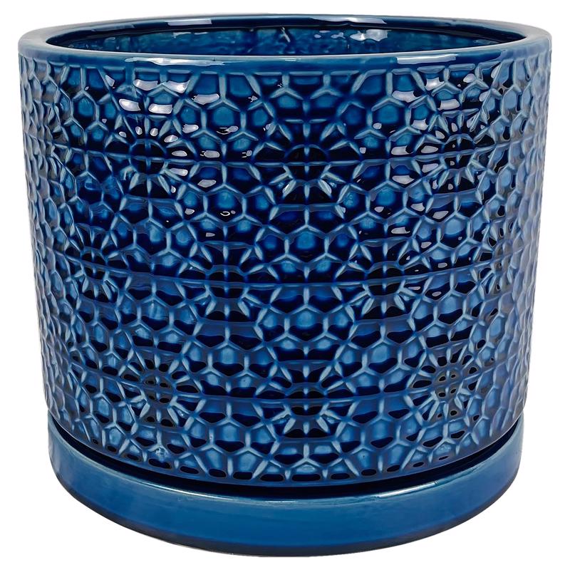 Blue ceramic flower pot Ameli BLU 10-inch by Emery Jensen for indoor plants, with a smooth, glossy finish.