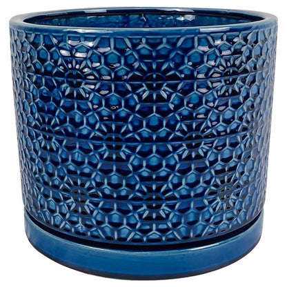 Blue ceramic flower pot Ameli BLU 10-inch by Emery Jensen for indoor plants, with a smooth, glossy finish.