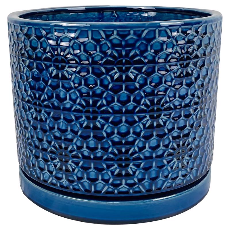 Blue ceramic flower pot by Emery Jensen, 12-inch Ameli model, perfect for indoor plants and decorative ceramic and porcelain displays.
