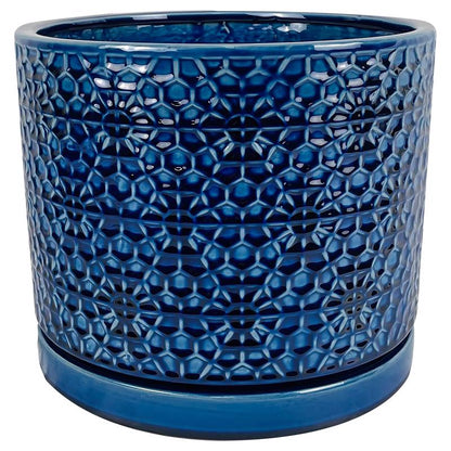 Blue ceramic flower pot by Emery Jensen, 12-inch Ameli model, perfect for indoor plants and decorative ceramic and porcelain displays.