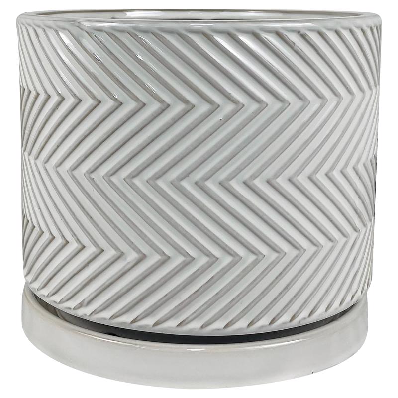 White 10-inch ceramic and porcelain planter with cross pattern by Emery Jensen, perfect for indoor or outdoor plants.
