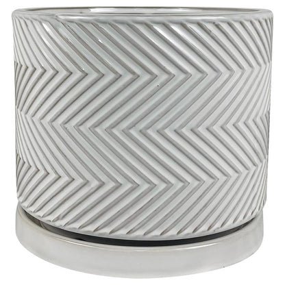 White 10-inch ceramic and porcelain planter with cross pattern by Emery Jensen, perfect for indoor or outdoor plants.