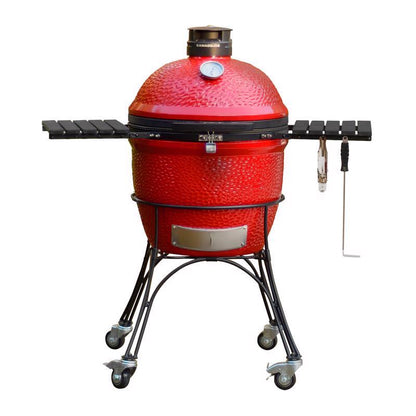 Emery Jensen Kamado Classic II Red 18-inch ceramic smoker and grill with a round shape and sturdy ceramic construction.