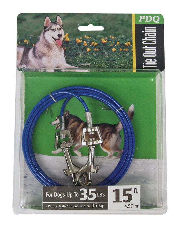 Emery Jensen 15-foot cable dog tie-out with chain and stakes for outdoor pet containment, shown in a natural outdoor setting.