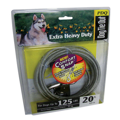 Emery Jensen 20-foot XLG cable dog tie-out with chain and stake, outdoor pet safety leash for large dogs.
