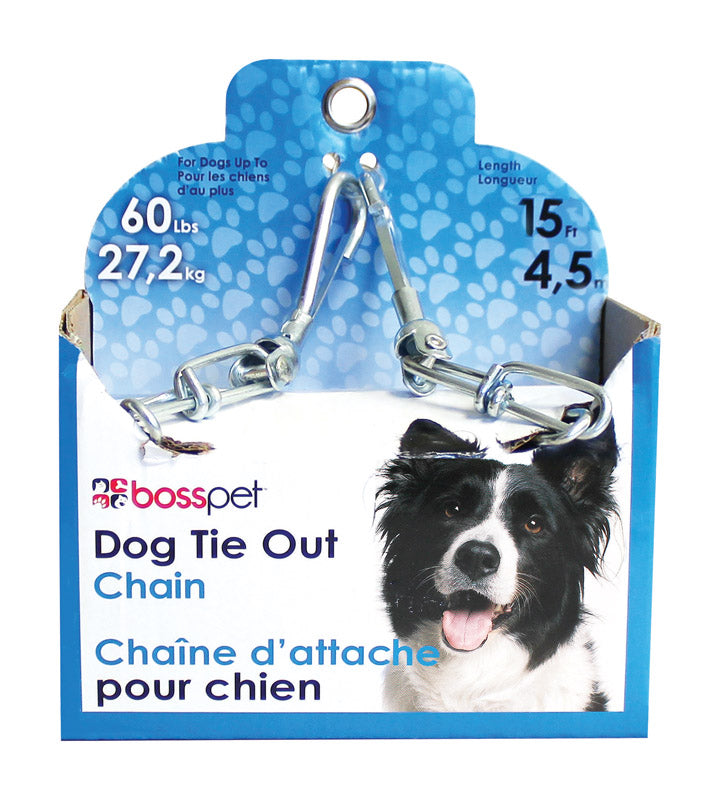 Emery Jensen 15-foot chain dog tie-out with durable cable and stake for secure outdoor pet containment.