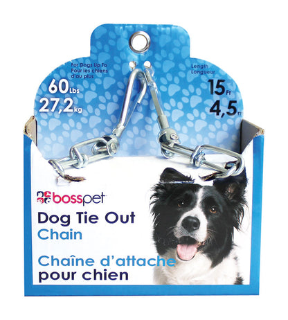 Emery Jensen 15-foot chain dog tie-out with durable cable and stake for secure outdoor pet containment.