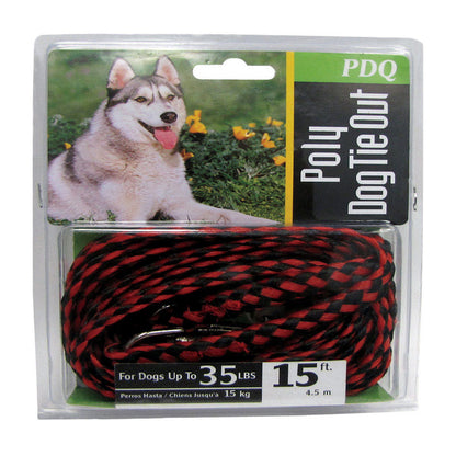 Emery Jensen 15-foot poly rope dog tie-out with chain and stakes for outdoor pet containment.