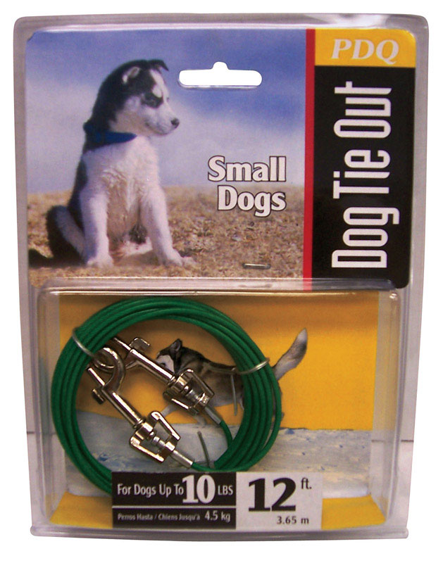 Emery Jensen 12-foot puppy tie out cable with chain and stakes for outdoor pet containment and safety.