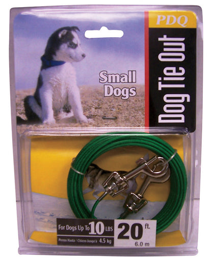 Emery Jensen 20-foot puppy tie-out cable with metal stake and chain for outdoor dog containment.