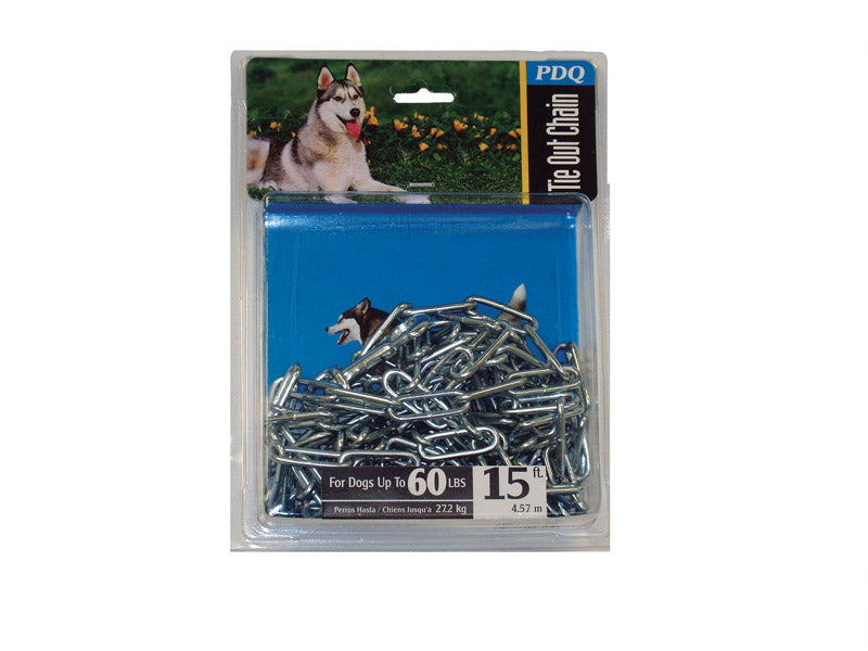 Heavy-duty 15-foot dog tie-out chain by Emery Jensen with sturdy chain and stakes for secure outdoor pet containment.