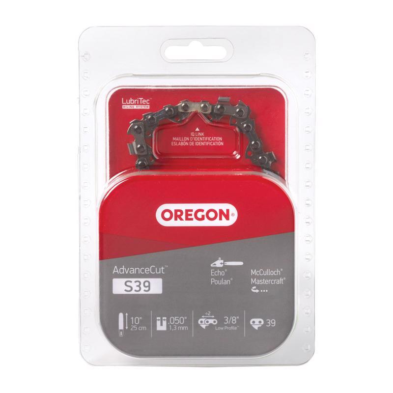 Emery Jensen 10-inch S39 chainsaw chain for chainsaw accessories, sharp metal cutting links and drive links visible.