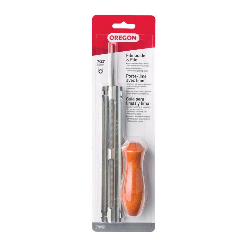 Emery Jensen chain saw accessory with 7/32 inch file and guide for sharpening and maintaining saw chains.